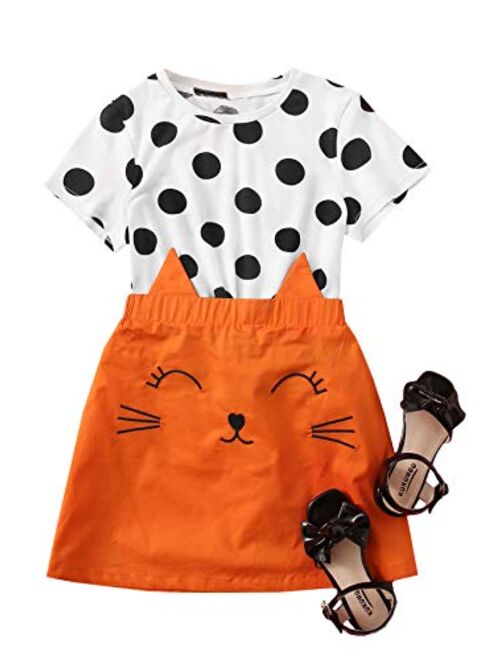 SOLY HUX Girl's 2 Piece Outfits Polka Dots Short Sleeve Tee and Cartoon Skirts Set