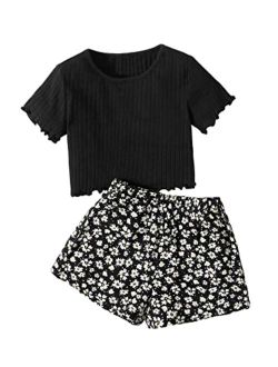 Toddler Girl's Two Piece Outfit Short Sleeve Rib Knit T Shirt and Floral Boho Wide Leg Shorts