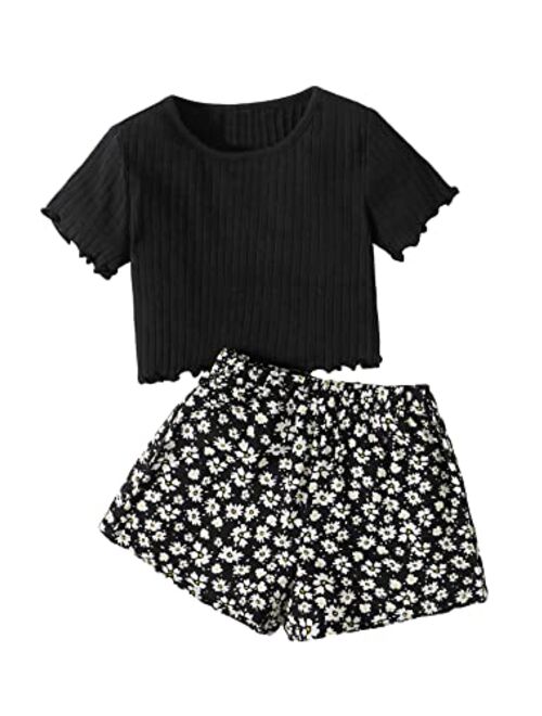 SOLY HUX Toddler Girl's Two Piece Outfit Short Sleeve Rib Knit T Shirt and Floral Boho Wide Leg Shorts