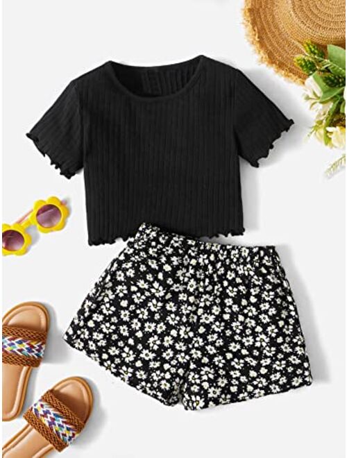 SOLY HUX Toddler Girl's Two Piece Outfit Short Sleeve Rib Knit T Shirt and Floral Boho Wide Leg Shorts