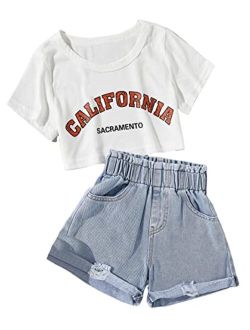Toddler Girl's 2 Piece Summer Outfits Letter Print Short Sleeve Tee and Denim Shorts Set