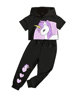 Toddler Girls 2 Piece Outfits Cartoon Graphic Hooded Tee & Heart Print Sweatpants Fashion 2023