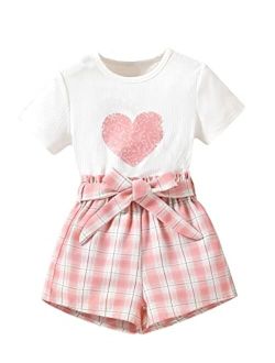 Girl's 2 Piece Outfits Heart Print Short Sleeve Tee Tops and Plaid Belted Shorts Set