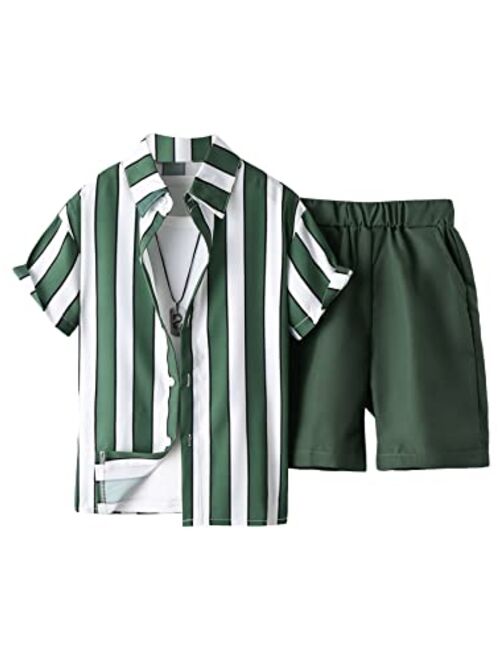 SOLY HUX Boy's Striped Print Short Sleeve Button Down Shirt & Shorts 2 Piece Summer Outfit
