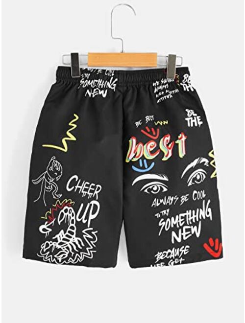 WDIRARA Boy's Letter Graphic Print Drawstring High Waist Casual Shorts with Pockets