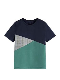 Boy's Color Block Plaid Short Sleeve T Shirts Round Neck Casual Tee Tops