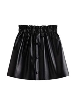 Girl's PU Leather Paperbag Waist Button Front A Line Mini Skirt