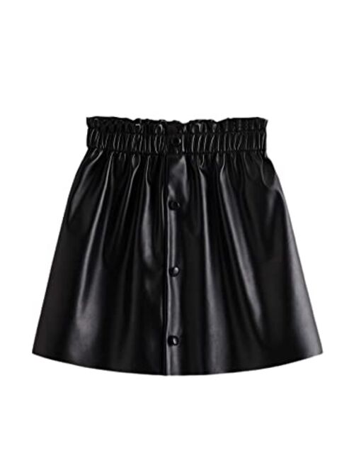SOLY HUX Girl's PU Leather Paperbag Waist Button Front A Line Mini Skirt