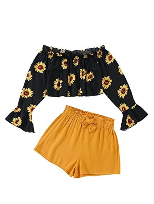 SOLY HUX Girl's 2 Piece Outfit Summer Boho Floral Print Long Sleeve Top and Shorts Set Cute Clothes for Girls