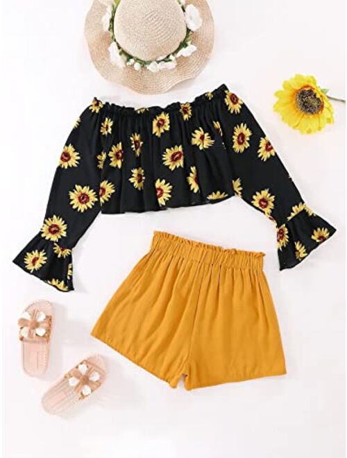 SOLY HUX Girl's 2 Piece Outfit Summer Boho Floral Print Long Sleeve Top and Shorts Set Cute Clothes for Girls