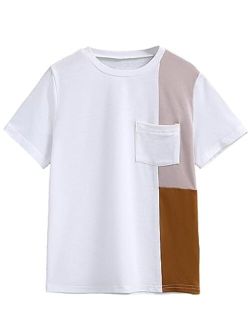 Boy's Color Block Short Sleeve T Shirt Round Neck Pocket Front Tee Tops