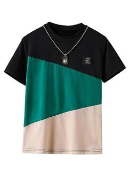 Boy's Color Block T Shirt Short Sleeve Round Neck Letter Patched Tee Tops
