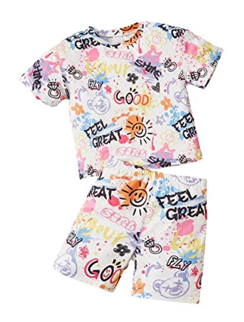 SOLY HUX Toddler Girl's Cartoon Letter Print Short Sleeve T Shirt and Biker Shorts 2 Piece