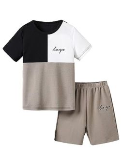 Boy's Casual 2 Piece Outfits Color Block Letter Print Short Sleeve Tee and Shorts Set