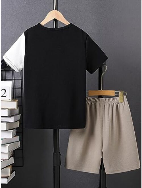 SOLY HUX Boy's Casual 2 Piece Outfits Color Block Letter Print Short Sleeve Tee and Shorts Set