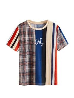 Boy's Plaid Striped Print Summer T Shirt Crew Neck Short Sleeve Tee Tops