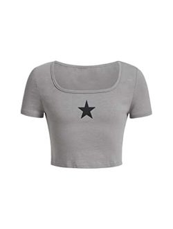 Girl's Star Print Square Neck Crop Tops Tee Short Sleeve Summer Fitted T Shirt
