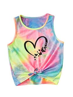 Girl's Tie Dye Heart Butterfly Print Tank Top Tie Front Sleeveless Summer T Shirt