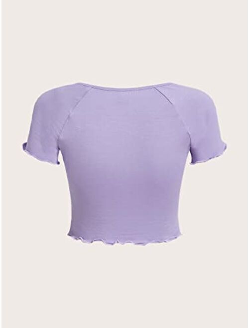SOLY HUX Girl's Ruched Split Front V Neck Crop Tops Tee Lettuce Trim Short Sleeve Summer T Shirt