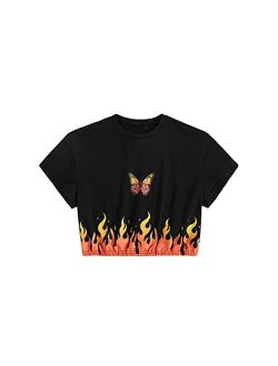 Girl's Butterfly Graphic Print Short Sleeve T Shirt Crop Top