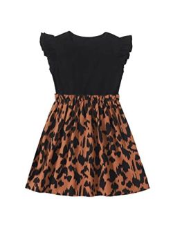 Girl's Ruffle Trim Cap Sleeve Leopard Print High Waist Flared A Line Dress