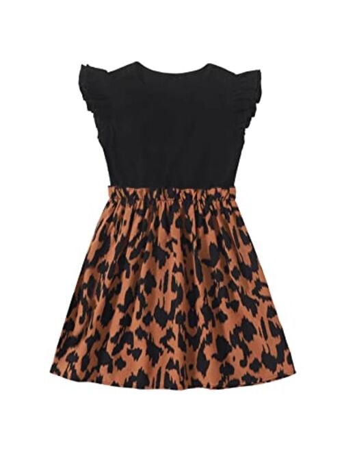 SOLY HUX Girl's Ruffle Trim Cap Sleeve Leopard Print High Waist Flared A Line Dress