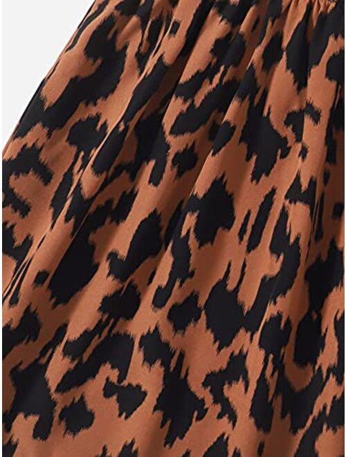 SOLY HUX Girl's Ruffle Trim Cap Sleeve Leopard Print High Waist Flared A Line Dress