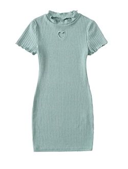 Girl's Frill Trim Heart Cut Out Short Sleeve Ribbed Knit Bodycon Dress