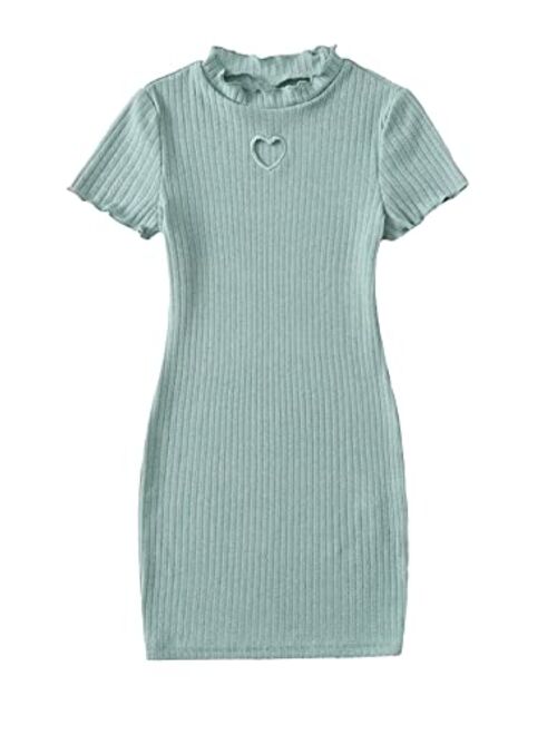 SOLY HUX Girl's Frill Trim Heart Cut Out Short Sleeve Ribbed Knit Bodycon Dress