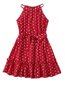 Girl's Summer Polka Dots Ruffle Trim Sleeveless Belted Halter A Line Short Dress