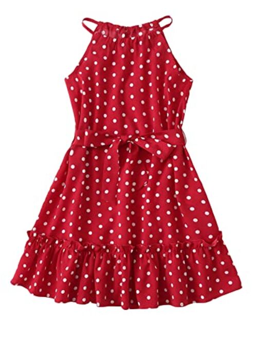 SOLY HUX Girl's Summer Polka Dots Ruffle Trim Sleeveless Belted Halter A Line Short Dress
