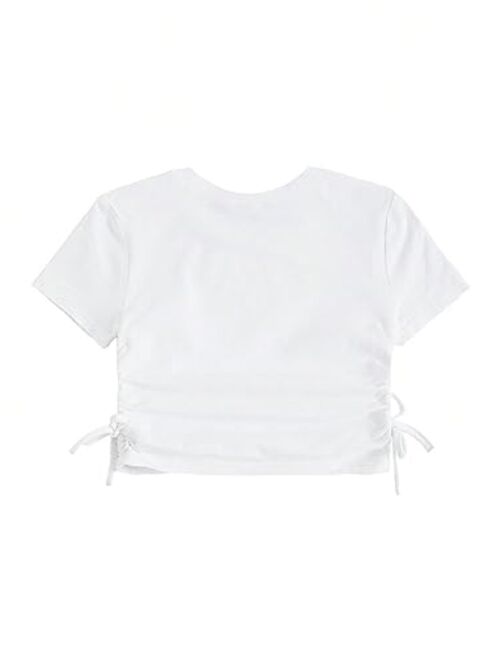 SOLY HUX Girl's Crop Top Graphic Tee Summer Drawstring Side Tie Knot Hem Round Neck Short Sleeve T-Shirts