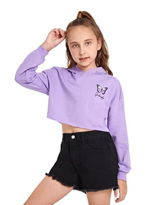 SOLY HUX Girl's Letter Butterfly Print Long Sleeve Hoodie Crop Top Sweatshirt