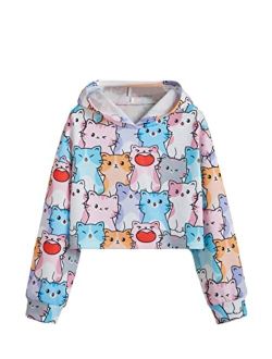 Girl's Cartoon Graphic Hoodies Cat Print Long Sleeve Pullover Crop Tops Cute Sweatshirt