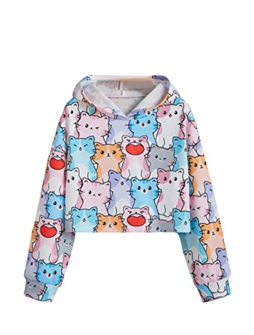 SOLY HUX Girl's Cartoon Graphic Hoodies Cat Print Long Sleeve Pullover Crop Tops Cute Sweatshirt