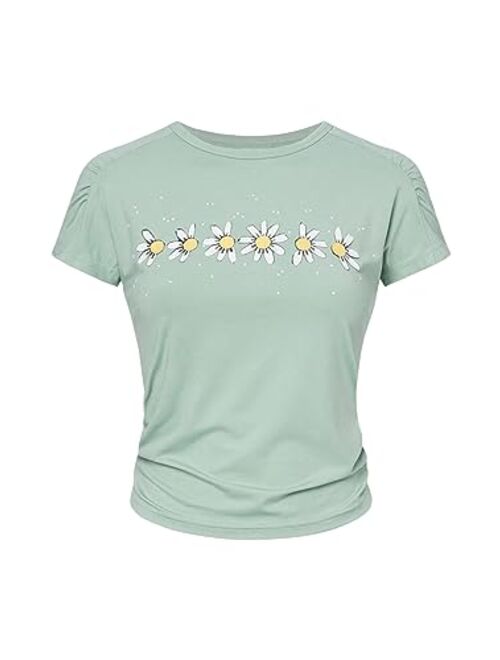 SOLY HUX Girl's Floral Print T Shirts Short Sleeve Round Neck Ruched Tee Tops