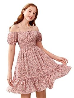 Girl's Ditsy Floral Cold Shoulder Flare A Line Mini Dress Ruffle Short Sleeve Swing Summer Dresses