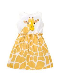 Girl's Cartoon Giraffe Print Frill Sleeveless Round Neck A-line Dress