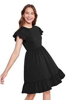 Girl's Ruffle Trim Cap Sleeve High Waist A Line Short Dress