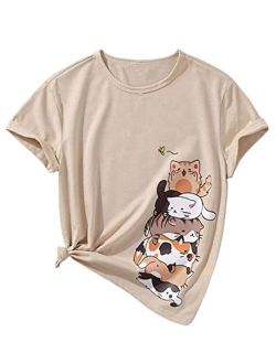 Girl's T Shirts Short Sleeve Cute Graphic Tees Crewneck Cartoon Cat Print Summer Tops