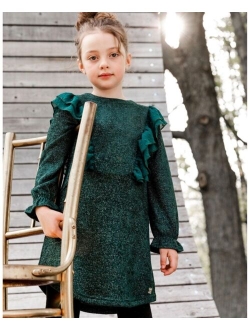 DEUX PAR DEUX Girl Light Velvet Dress With Chiffon Frills Sparkling Green - Child