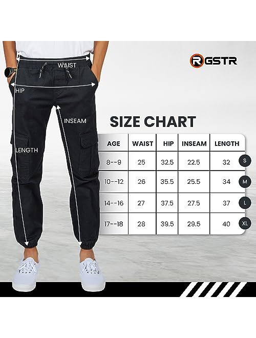 RGSTR 3 Pack Boys Twill Cargo Joggers - Stretch Elastic Waist Pull on Pants with Drawstring and 5 Pockets