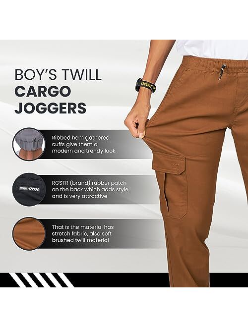 RGSTR 3 Pack Boys Twill Cargo Joggers - Stretch Elastic Waist Pull on Pants with Drawstring and 5 Pockets