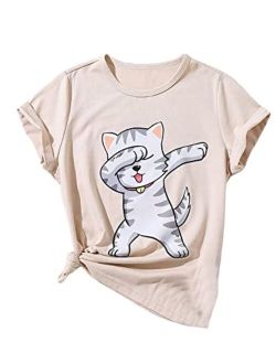 Girl's Cartoon Cat Print T Shirts Short Sleeve Graphic Tees Summer Tops