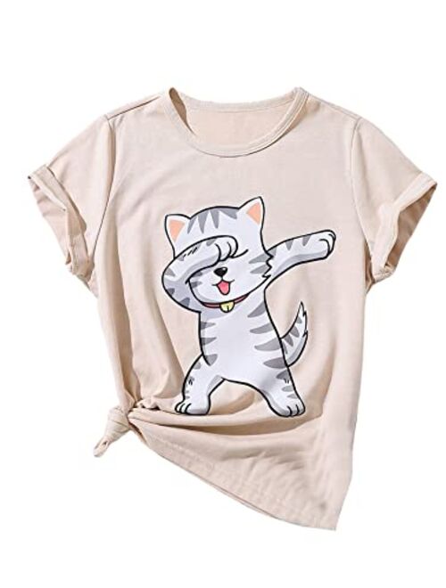 SOLY HUX Girl's Cartoon Cat Print T Shirts Short Sleeve Graphic Tees Summer Tops
