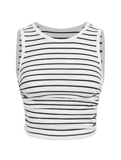 Girl's Striped Crop Tank Top Ruched Sleeveless Round Neck Tops