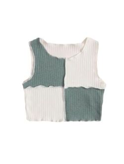 Girls Colorblock & Floral Print Ribbed Knit Tank Top Cute Clothes Fashion 2023