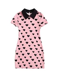 Girl's Heart Print Contrast Collar Short Sleeve Bodycon Dress