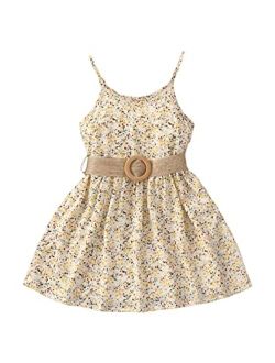 Toddler Girl's Ditsy Floral Print Spaghetti Strap Belted Cami Dress Summer Dresses