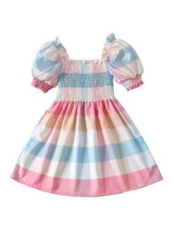 Toddler Girl's Colorblock Shirred Frilled Flared Puff Sleeve A Line High Waist Ruffle Short Dress